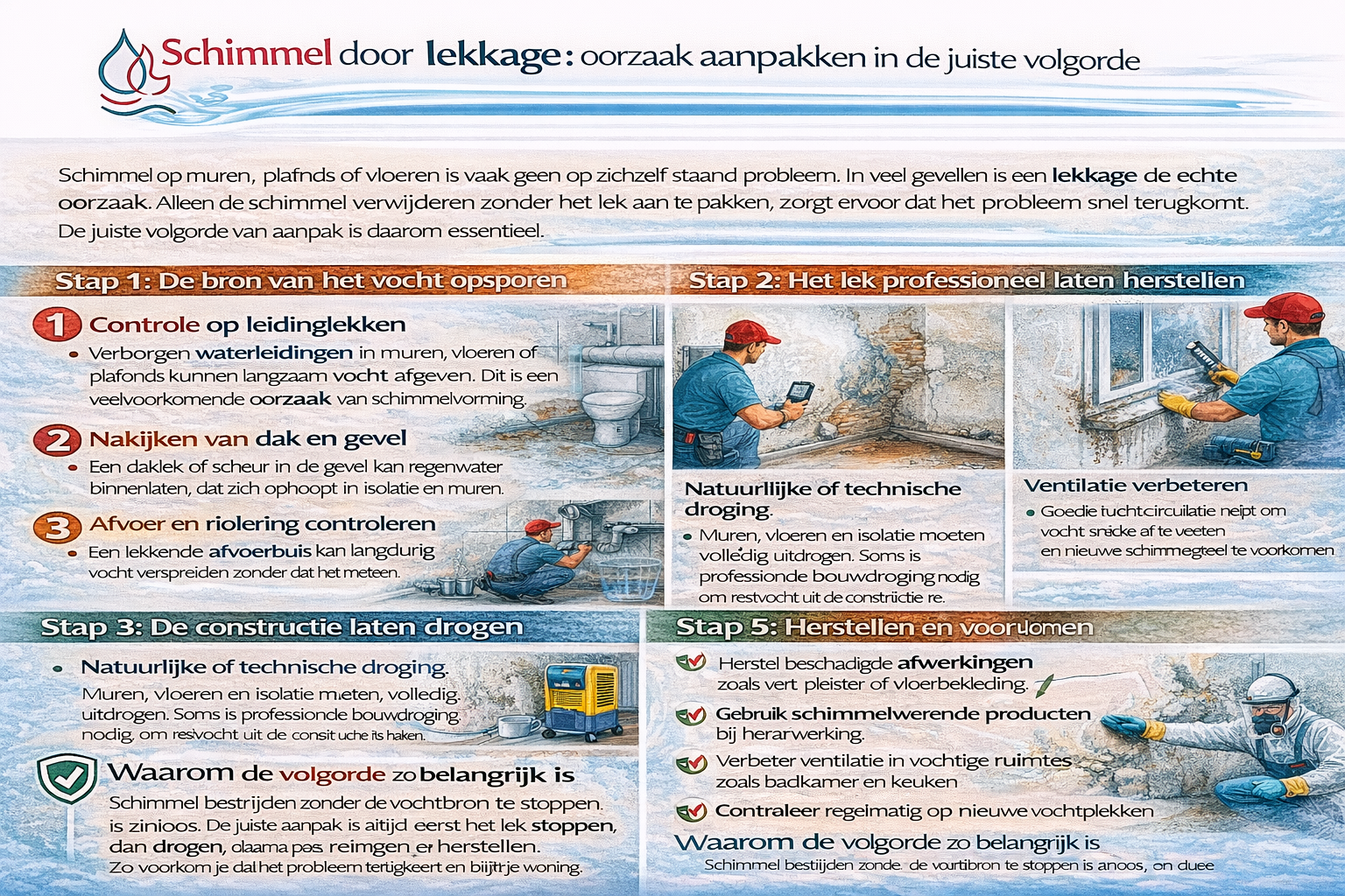 Schimmel door lekkage: oorzaak aanpakken in de juiste volgorde