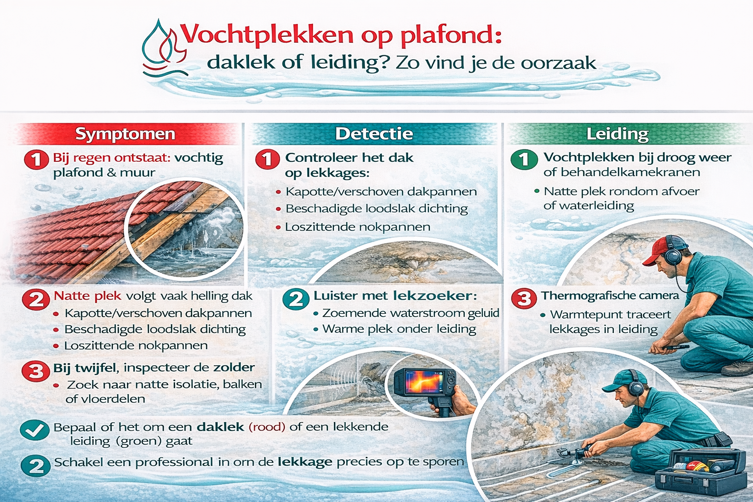 Vochtplekken op plafond: daklek of leiding? Zo vind je de oorzaak